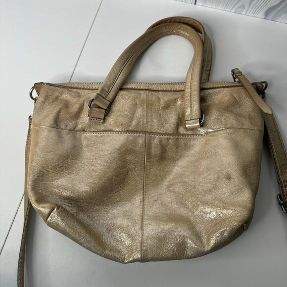Vintage FOSSIL Gold Metallic Leather Shoulder Bag Purse Dawson Satchel - Picture 6 of 10
